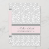 Rosa Grau Damask 16. Bithday Party Einladung (Vorne/Hinten)