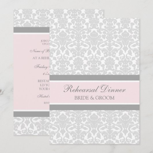 Rosa Grau Damask Probe Abendessen Party Einladung (Vorne/Hinten)