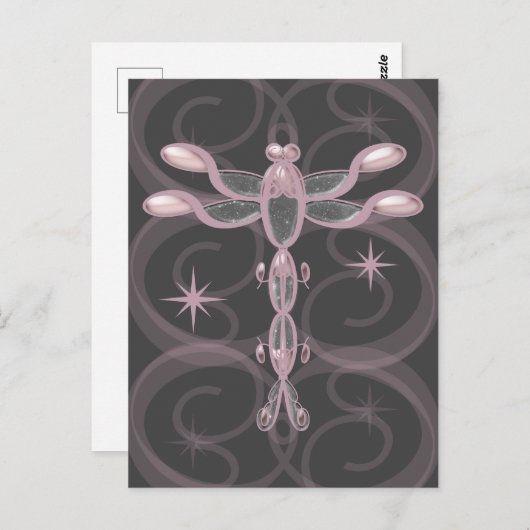 Rosa, Grau, Glasdrachenfliege mit Sternen Postkarte (Vorne/Hinten)