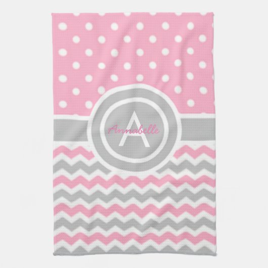 Rosa Grau Punkte Chevron Geschirrtuch (Vertikal)
