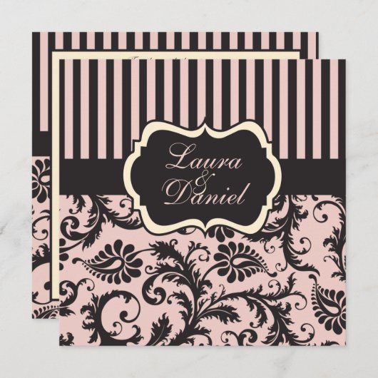 Rosa, grau, schwarz gestreifte Damaske laden ein Einladung (Vorne/Hinten)