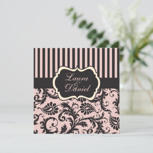Rosa, grau, schwarz gestreifte Damaske laden ein Einladung (Stehend Vorderseite)
