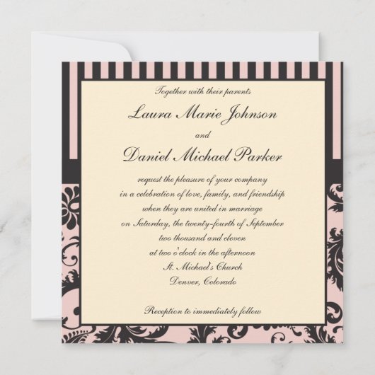Rosa, grau, schwarz gestreifte Damaske laden ein Einladung (Rückseite)