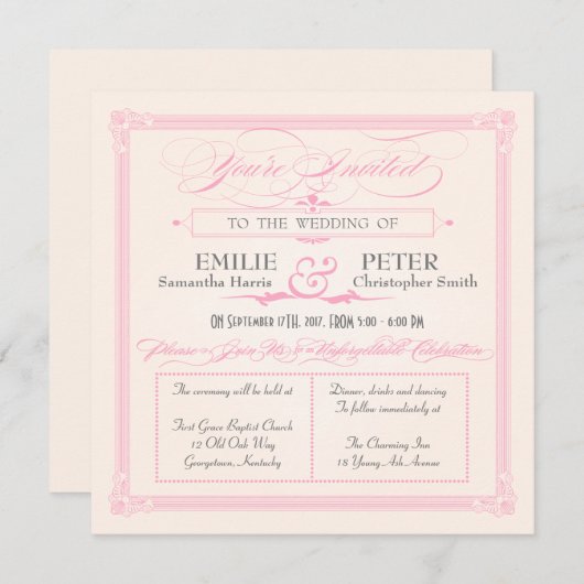 Rosa, Grau und Cream Poster - Einladung zur Hochze (Vorne/Hinten)