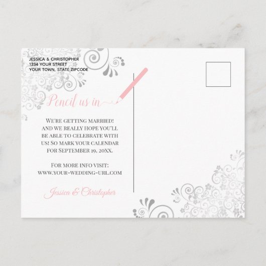 Rosa, Grau und Weiß Hochzeit Speichern Sie den Dat Ankündigungspostkarte (Rückseite)