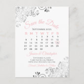 Rosa, Grau und Weiß Hochzeit Speichern Sie den Dat Ankündigungspostkarte (Vorderseite)