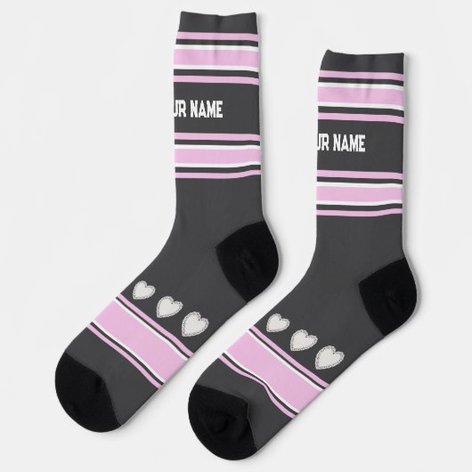 Rosa, grau, weiß - Name Herz Socken (Linkes Detail)