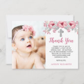 Rosa | Graue Aquarellblume Foto Taufe Dankeskarte (Vorderseite)