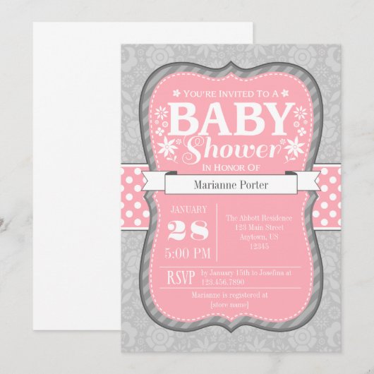 Rosa graue Blume Kinderdusche Einladung (Vorne/Hinten)