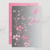 Rosa, graue Blume und Schmetterlinge 21. Einladung (Vorne/Hinten)