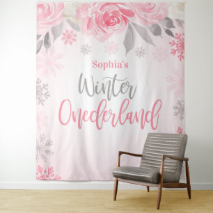 Rosa graue Blumen Winter ONEderland Hintergrund Wandteppich