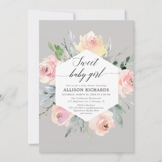 Rosa graue, blumenfarbene Mädchendusche Einladung (Vorderseite)