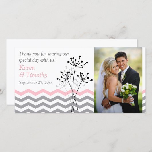Rosa, graue Blüte, Chevrons Hochzeitsfotokarte Dankeskarte (Vorne/Hinten)
