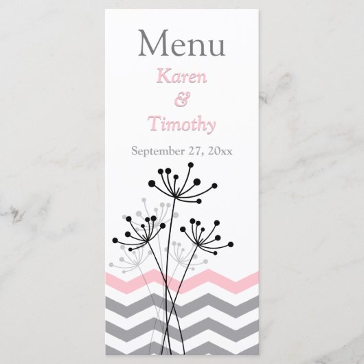 Rosa, graue Blüte, Chevrons Wedding Menu Card Menükarte (Vorderseite)