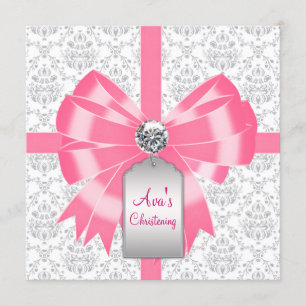 Rosa graue Damast-Baby-Taufe-Taufe Einladung