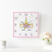 Rosa graue Einhorn-Kinderzimmer-Decke Wall Clock Quadratische Wanduhr (Zuhause)