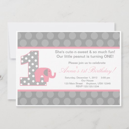 Rosa graue Elefant-Geburtstags-Einladung Einladung (Vorderseite)