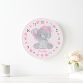 Rosa graue Elefanten Blume Name Girl Kinderzimmer Große Wanduhr (Zuhause)