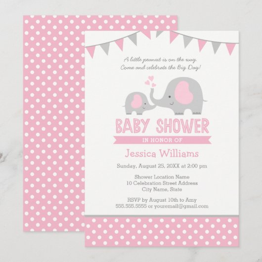 Rosa graue Elefantendusche Einladung für Mädchen (Vorne/Hinten)