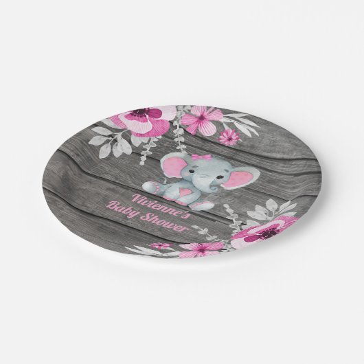 Rosa Graue Elefantenplatte 4 Kinderdusche, Geburts Pappteller (Schrägansicht)