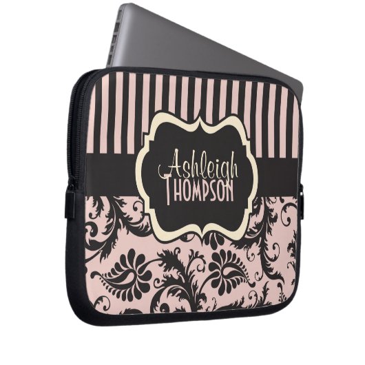 Rosa graue Elfenbeinpolka-Punkte gestreift Laptop- Laptopschutzhülle (Vorne Rechts)