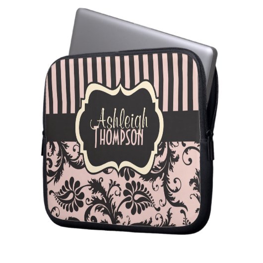 Rosa graue Elfenbeinpolka-Punkte gestreift Laptop- Laptopschutzhülle (Vorderseite Links)