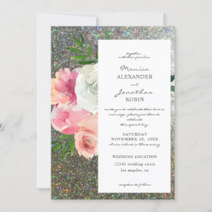 Rosa Graue Florale & Silber Glitter Hochzeit 2 Einladung