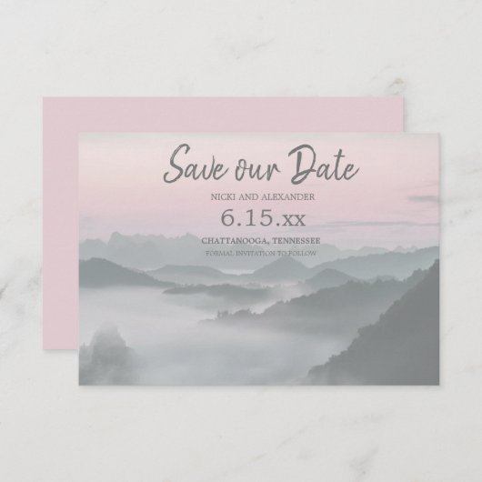Rosa Graue Foggy Mountains Rettete unser Datum Hoc Save The Date (Vorne/Hinten)
