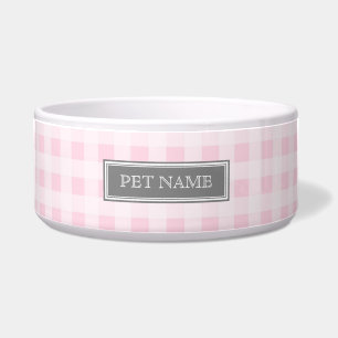 Rosa graue Gingham-Name-Hundeschüssel Napf