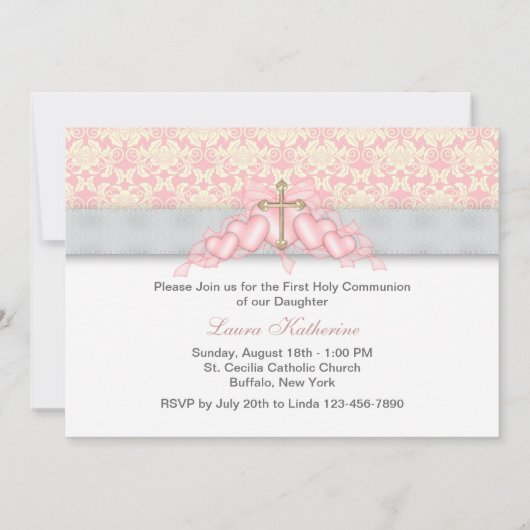 Rosa graue Gold Cross Girls Rosa Erste Kommune Einladung (Rückseite)