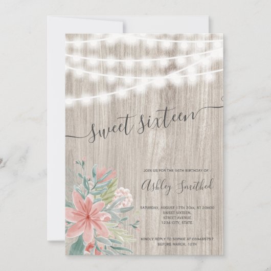 Rosa graue hölzerne mit Blumenschnur beleuchtet Einladung (Vorderseite)