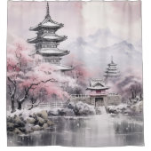 Rosa Graue japanische Sakura Blüten Pagode Duschvorhang (Vorderseite)