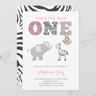 Rosa graue Jungle Safari Erster Geburtstag für Mäd Einladung