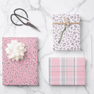 Rosa, graue Leoparden und Kariert Geschenkpapier Set