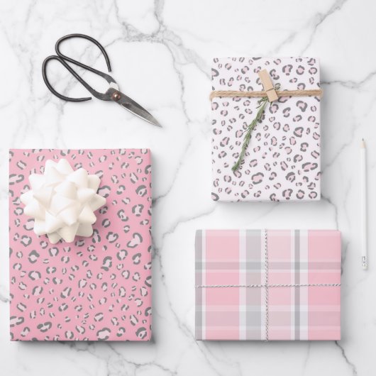 Rosa, graue Leoparden und Kariert Geschenkpapier Set (Vorderseite)