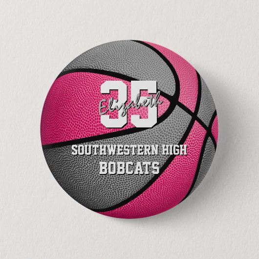 Rosa graue Mädchensportbasketballmannschaft Button (Vorderseite)