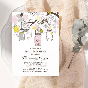 Rosa graue Mason-Gläser Florale Babyparty-Brunch Einladung