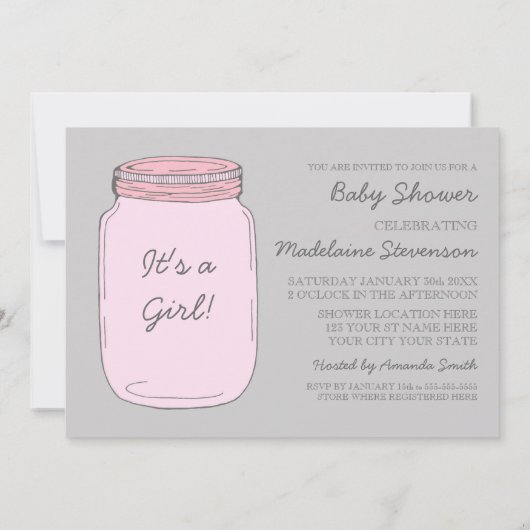 Rosa Graue Mason Jar Custom Baby Dusche Einladunge Einladung (Rückseite)
