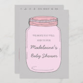 Rosa Graue Mason Jar Custom Baby Dusche Einladunge Einladung (Vorne/Hinten)