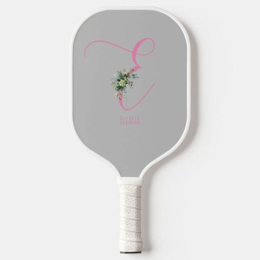 Rosa graue Monogramm Aquarellfarbe Blume grau Pickleball Schläger (Vorderseite)