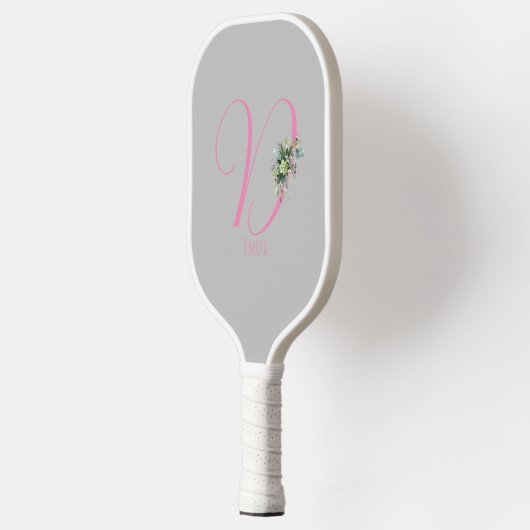 Rosa graue Monogramm Aquarellfarbe Blume grau Pickleball Schläger (Links)
