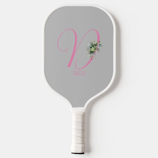 Rosa graue Monogramm Aquarellfarbe Blume grau Pickleball Schläger (Rückseite)