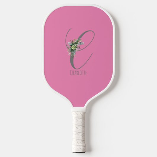 Rosa graue Monogramm-Blume Buchstaben C Pickleball Schläger (Vorderseite)
