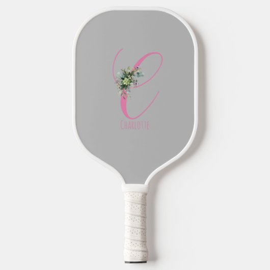 Rosa graue Monogramm-Blume Buchstaben C Pickleball Schläger (Vorderseite)