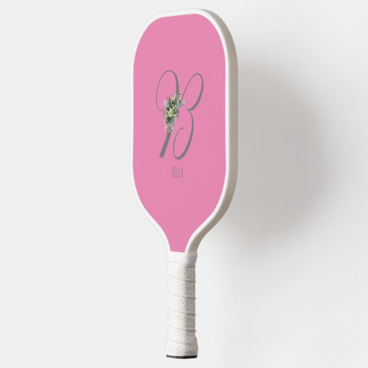 Rosa graue Monogramm-Blume Pickleball Schläger (Links)