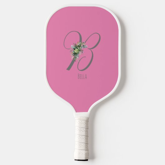 Rosa graue Monogramm-Blume Pickleball Schläger (Rückseite)