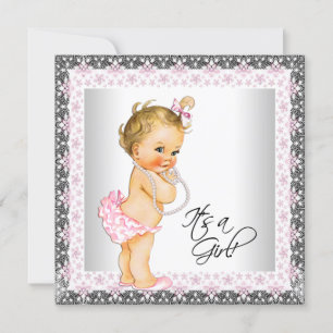 Rosa graue Perlen-Vintage-Baby-Mädchen-Party Einladung