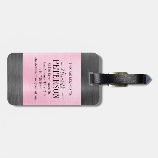 Rosa graue Pinselmetall-Script Monogram Gepäckanhänger (Rückseite horizontal)