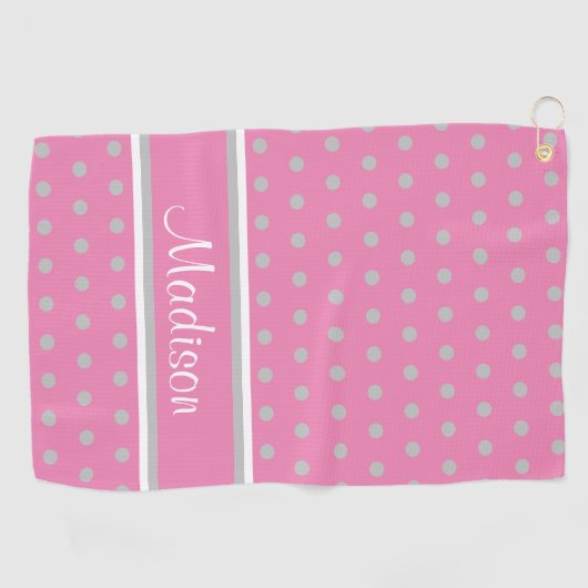 Rosa graue Polka Dot Stripes Skriptname Golfhandtuch (Horizontal)
