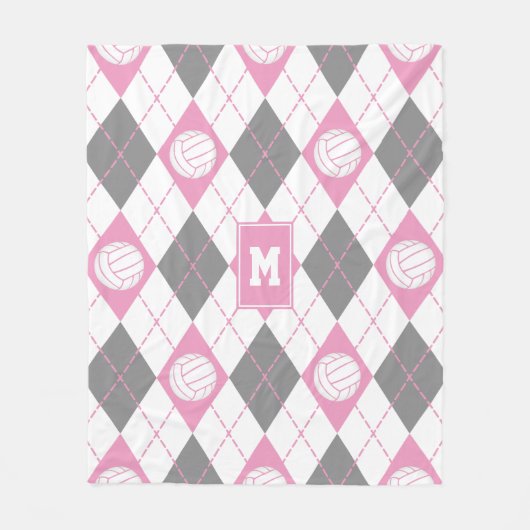 rosa graue Raute Muster Volleyballs mit Monogramm Fleecedecke (Vorderseite)